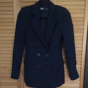 Zara Black Hounds Tooth Texture Print Double Breasted Lined Jacket Blazer SizeXS